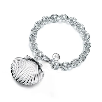 

Charms Fashion 925 Sterling Silver Chunky Chain Bracelet Shell Shape Photo Locket Bracelets Elegant Fine Jewelry
