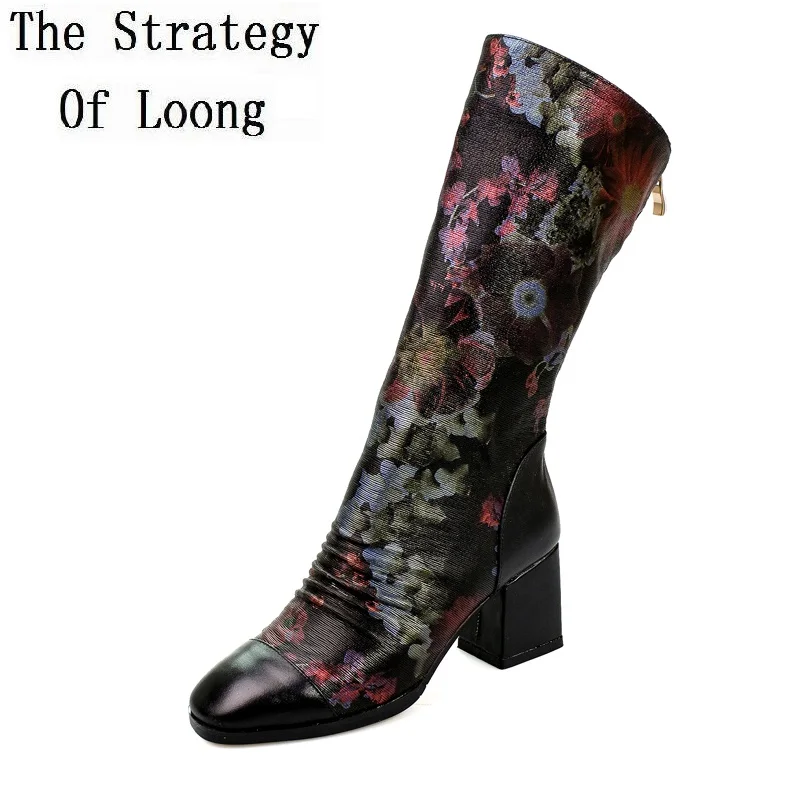 Signora Colour Spring Dell'annata A Tacchi Springfall And Invernali Metà black design 20180413 Reale Alti Di Donne Punta Nero Cuoio Fiori Grey Colori Polpaccio Il lightgrey Della Stivali Fall Spessore Genuini Quadrata flowers Fall light xqZF7wzA