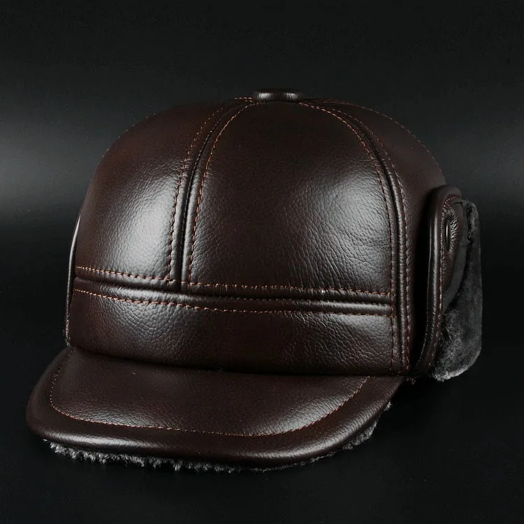 Boolawdee Для мужчин кожа теплая куртка-бомбер Cap ухо защиты для зимнего отдыха мужской шляпе черный коричневый размер L XL XXL Твердые изделие M271 - Цвет: V1 size L