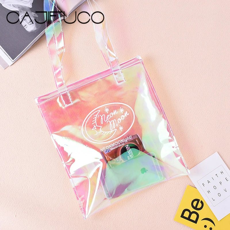 CAJIFUCO Women Jelly Shopping Bag Rainbow Colour Tote Bags Clear PVC Beach Bag Transparent Laser