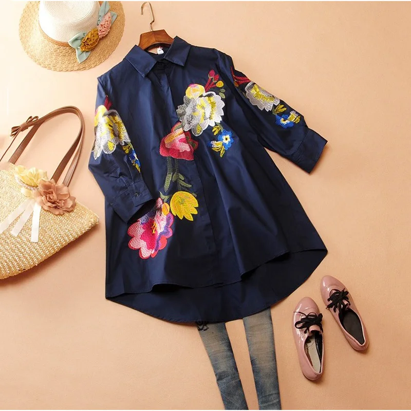 

Plus Size Spring Floral Embroidery Women Blouses Shirt Good Quality Loose Three Quarter Sleeve OL Womens Tops And Blouses SL079