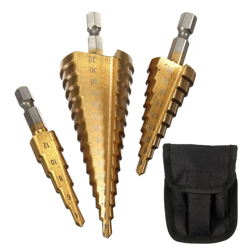 3Pcs HSS Steel Step 1/4 Inch Cone Drill Titanium Bit Set Metal Plastic