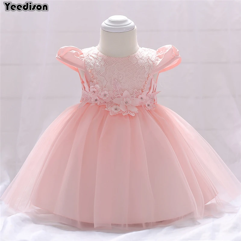 Flower Baby Girl Dress 2018 New Baby Pink Mesh Wedding Dress 1st