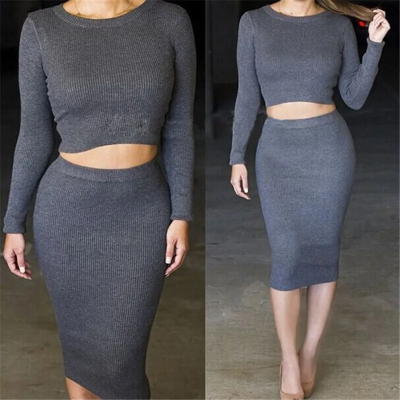 Women Crop Top and Skirt Set Europeans Style Sexy Long Sleeve Cropped