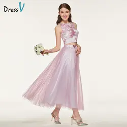 DressV фиолетовый платье подружки невесты Jewel Средства ухода за кожей шеи тюль Кружево складками линии лодыжки Длина элегантная Свадебная