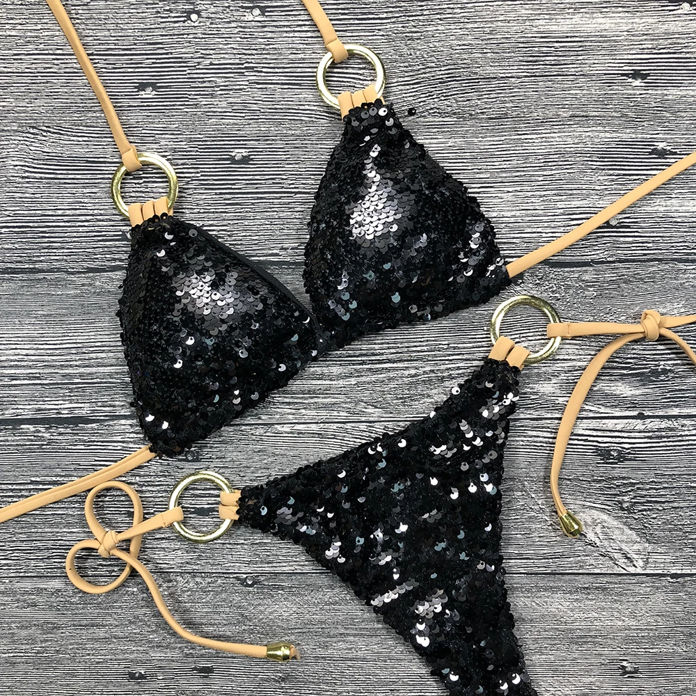 Kaufen Solide Bikini Sexy Badeanzug Halter Bademode Badeanzug Frauen Bling Pailletten Bikini Set Strand Tragen Dropshipping Monokini Glitter