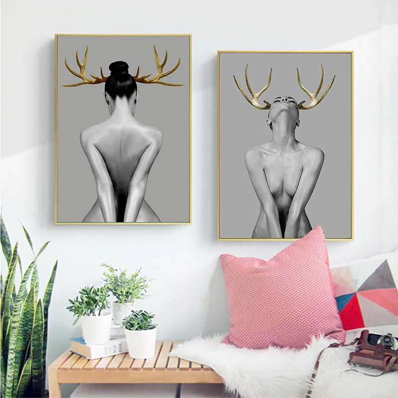 

Modern Fashion Wall Art Pour Salon Canvas Painting Figure Deer female Poster Decoration Painting Home The picture on the wall