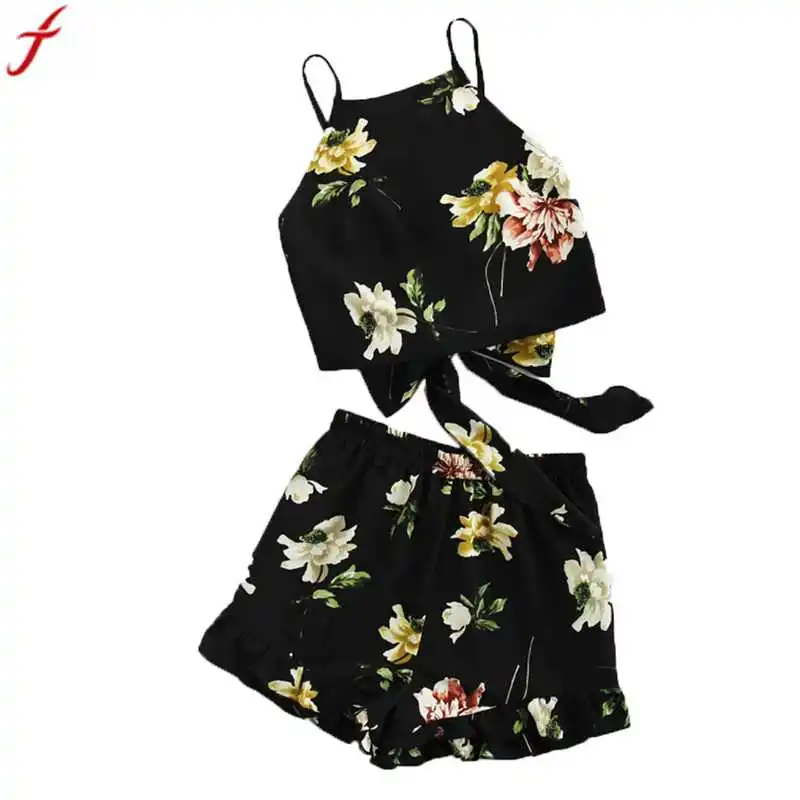 

2 Pieces Set 2018 Women Floral Printed Halter Spaghetti Strap Crop Vest With Shorts Sets Boho Short Camis tracksuit