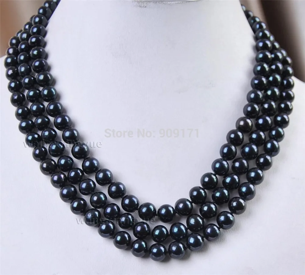 

Free Shipping>>Noblest 3 row 8-9mm Akoya Cultured Black Pearl Necklace