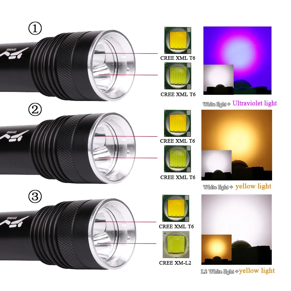 Подводный фонарь, светильник для подводного плавания, фонарик для дайвинга, УФ-фиолетовый светильник, xml t6, водонепроницаемый фонарь, 26650 или 18650 или AAA батарея
