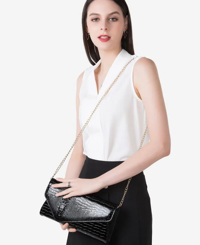 Женские сумки-клатчи из лакированной кожи, винтажные женские сумки из крокодиловой кожи, дизайнерские черные женские сумки-мессенджеры на цепочке, сумка на плечо