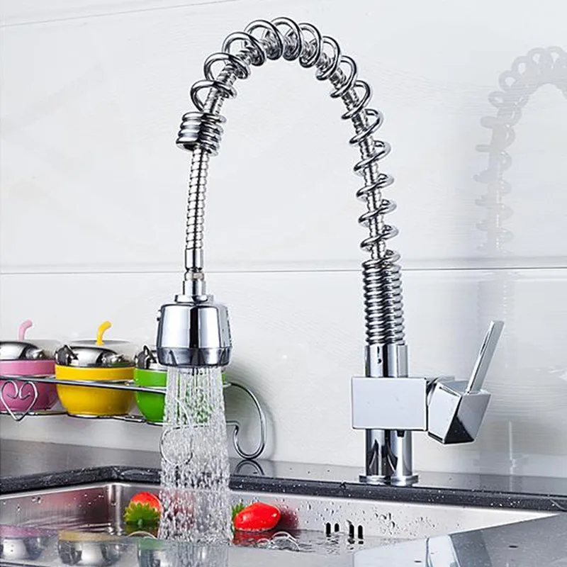 

LIUYUE Kitchen Faucets Chrome Brass Pull Out Spring Type Kitchen Button Switch Water Spout Faucet Cold Hot Water Sink Mixer Taps