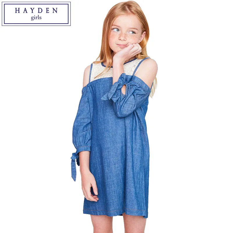 

HAYDEN Girls Cold Shoulder Chambray Dress Teenagers Cotton Denim Dress Kids Loose Straight Fit Dress with Lace Age 7 to 14 Years