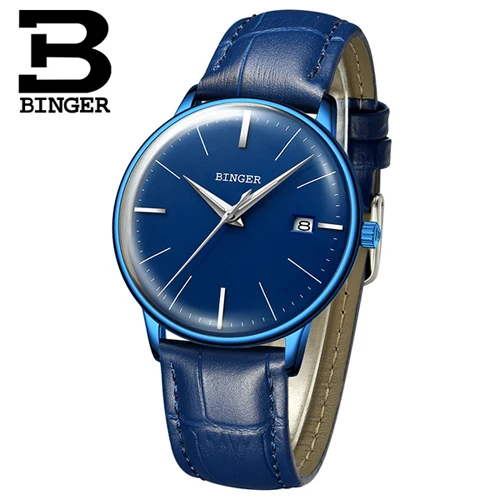 Switzerland BINGER 8 мм ультра-тонкие автоматические механические часы мужские брендовые Роскошные мужские часы сапфировые наручные часы мужские водонепроницаемые - Цвет: leather Blue