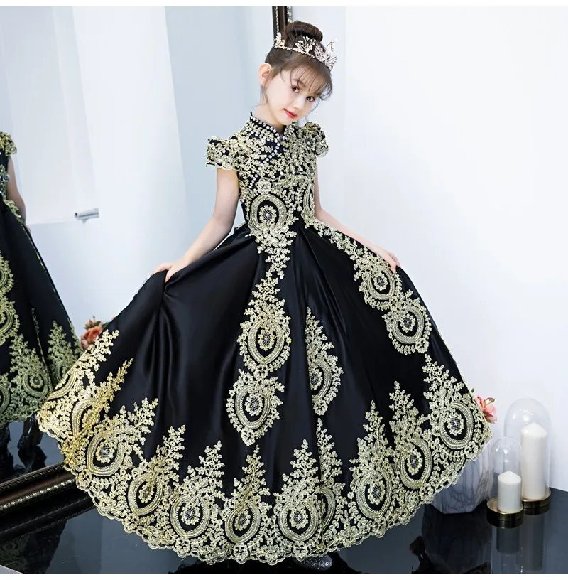 Vestido daminha/роскошное черное фатиновое Золотое кружевное платье с цветочным узором для девочек на свадьбу; коллекция года; Бальные платья с короткими рукавами для девочек; платье для выпускного вечера