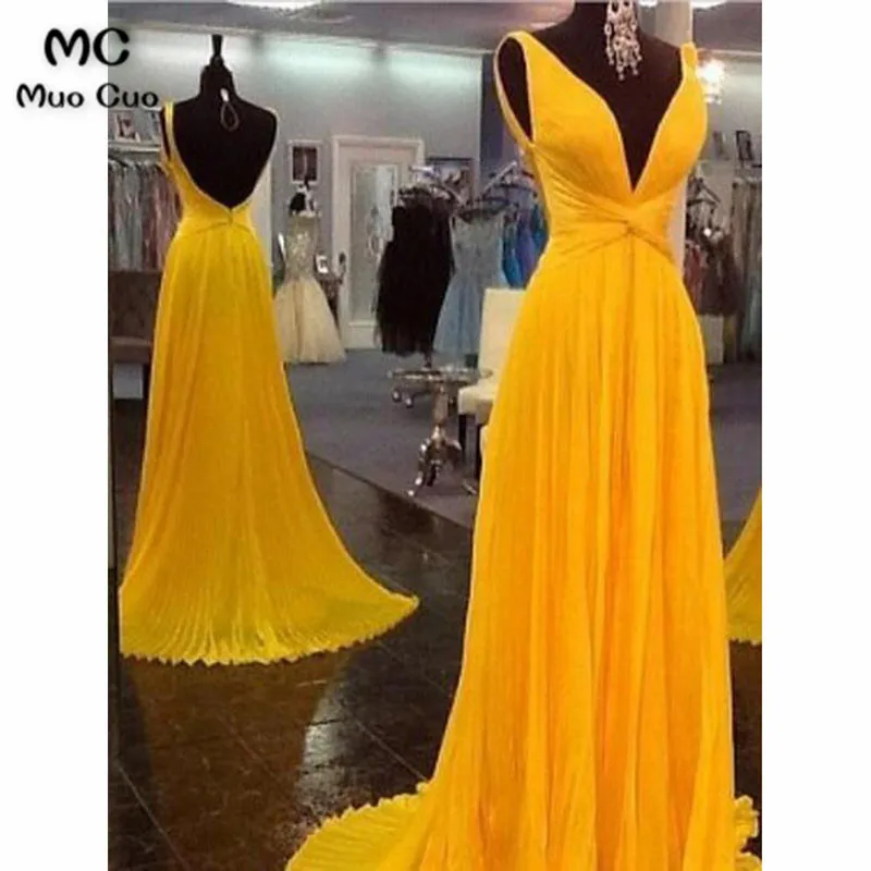 Elegant 2018 Backless Evening Dresses Long Deep V-Neck Tank Pleat Chiffon A-Line Formal Evening Party Dress for Women