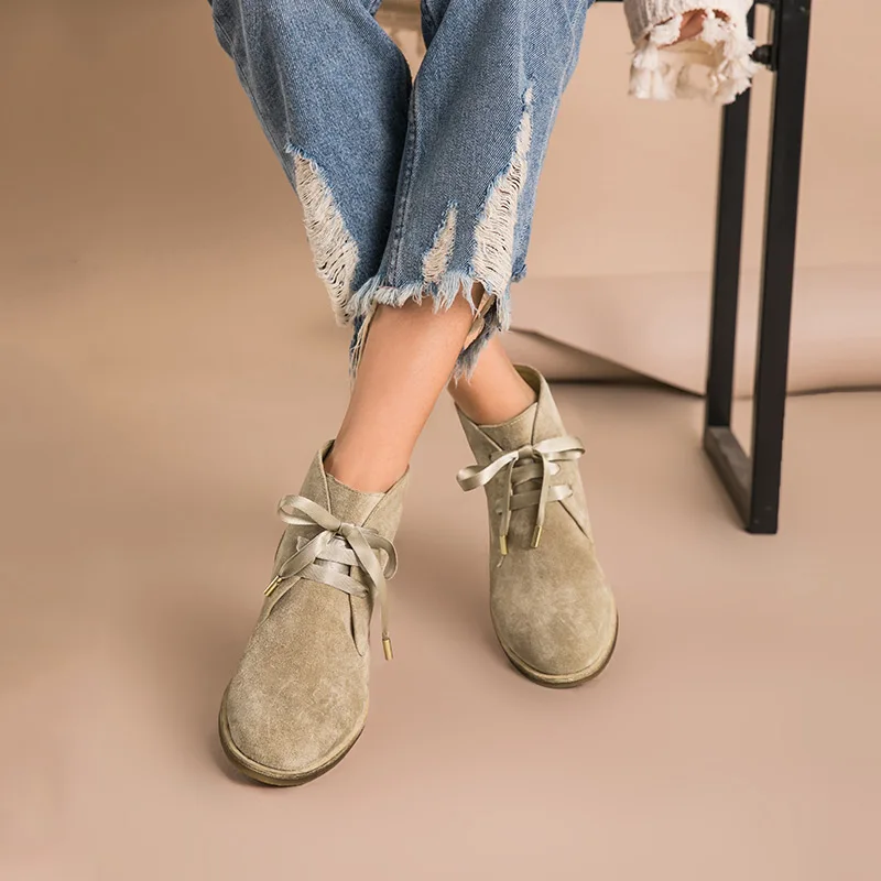 Skup BeauToday kobiety botki prawdziwej skóry krowa zamszowa gumowa koronka buty marki buty damskie wysokiej jakości 03080