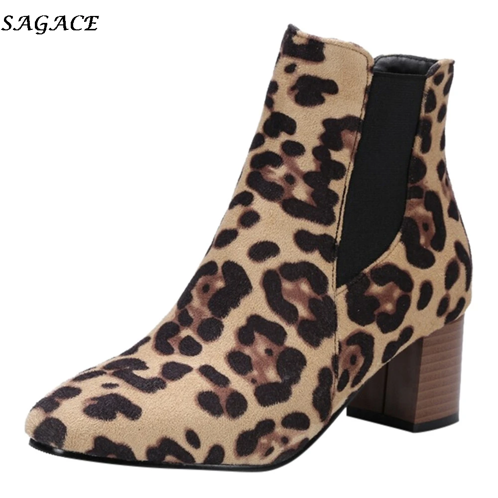 SAGACE hot women boots New Fashion Leopard-Printed Short Plush Winter Warm Shoes High-Heeled Slip-On Ankle Boot mujer#35