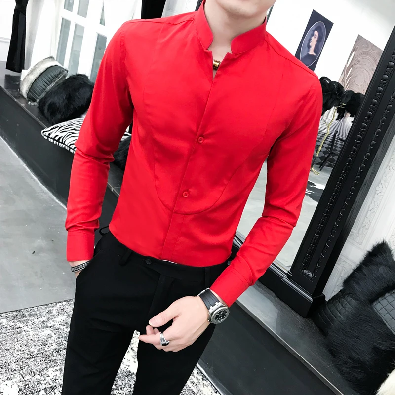 Goede Sexy Unieke Stand Kraag Shirt Zwart Rood Wit Slim Fit Lange Mouw Camisa Sociale Masculina Mannen Jurk Designer Shirt