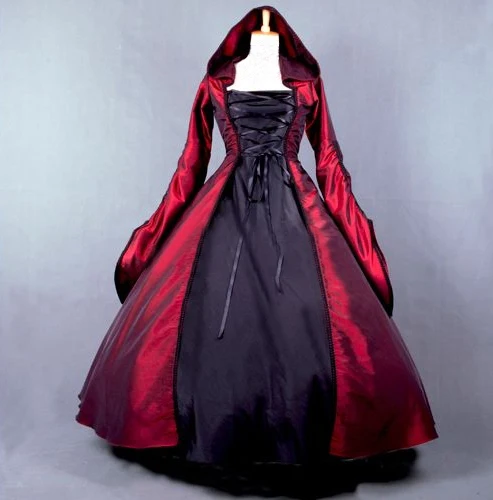 Лучшие продажи Красного и черного цветов готический, викторианской эпохи платье с воланом внизу покроя"