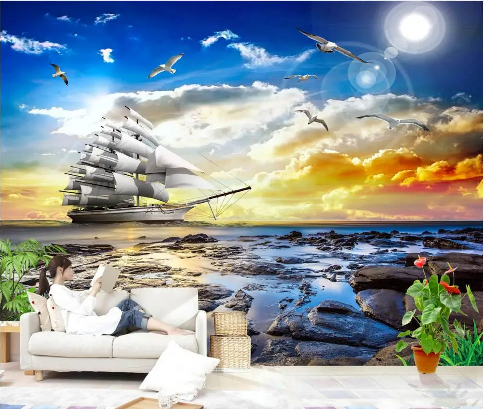 Kustom Mural Foto 3d Wallpaper Gambar Sunset Yang Perahu Layar