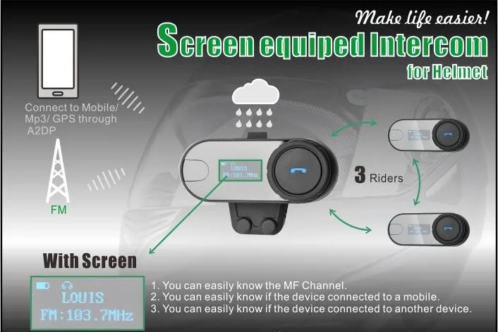 Новая обновленная версия! Мотоциклетный мотоцикл BT Bluetooth Мульти домофон шлем с наушниками, с внутренней телефонной связью с ЖК-экраном+ fm-радио