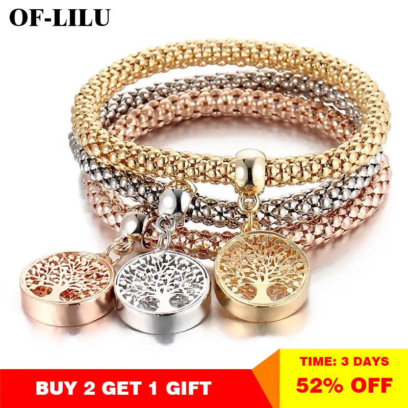 

3 Pcs/Set Tree of Life Owl Charm Bracelets & Bangles Gold/Silver Plated Elephant Anchor Pendants Rhinestone Bracelets For Women