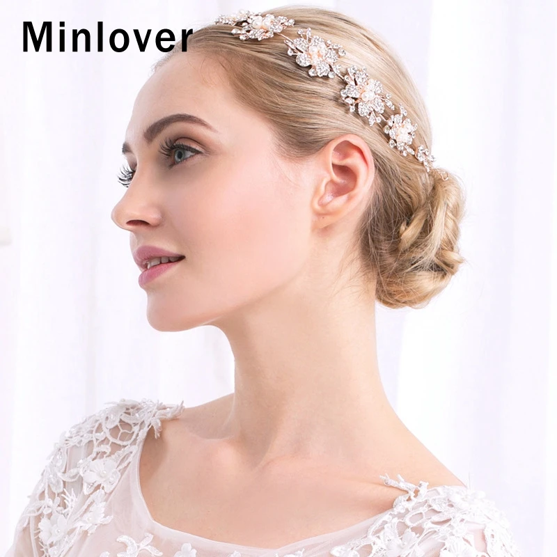 Minlover Хрустальная повязка для невесты для женщин Цветочные головные уборы с жемчугом украшение-гребень для волос Свадебные аксессуары для волос MTS073