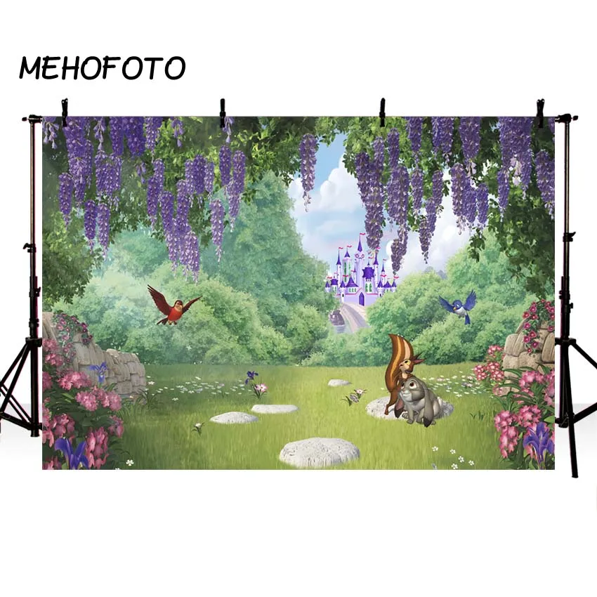 

Vinyl Photography Background Spring Wisteria Flower Castle Squirrel Bird Rabbit Floral Children Backdrop Photo Studio