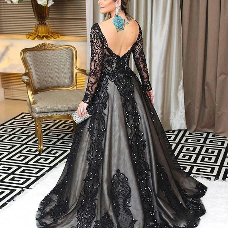 Amazing Long Sleeve Prom Dresses Bateau Neck Beads Lace Applique Backless Mermaid Evening Gowns Charming Arabia Celebrity Dress Party Gowns