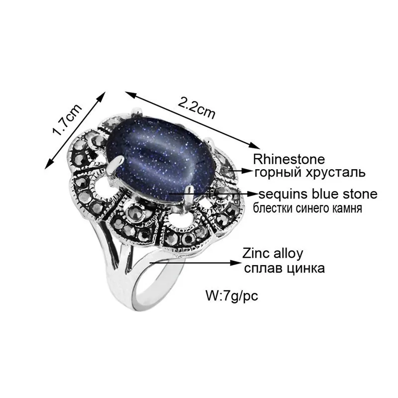 Oval Sequins Blue Stone Rings For Women Vintage Look Antique Silver Plated Rhinestone Plum Flower Fashion Jewelry TR691