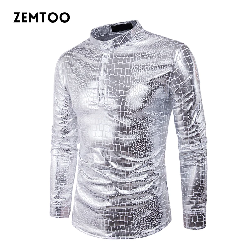Acheter Zemtoo Mens Nuit Club Enduit Métallique Halloween Or Argent Unique Poitrine Shirts Partie Mâle Brillant Manches Longues Chemises ZE0329