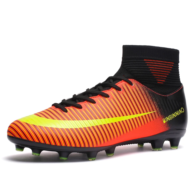 

2018 New High Ankle Football Shoes Men Outdoor Soccer Training Boots With Socks Boys Kids Futebol Zapatos Plus Size 35-45