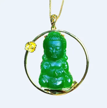 

S925 silver Inlaid Natural Chalcedony Buddha Pendant Necklace