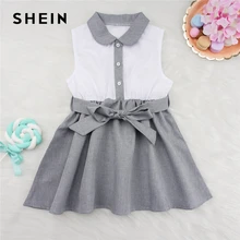 SHEIN/Детское платье для маленьких девочек с контрастным воротником и пуговицами спереди; элегантное платье с поясом; коллекция года; Летние повседневные расклешенные платья без рукавов для детей