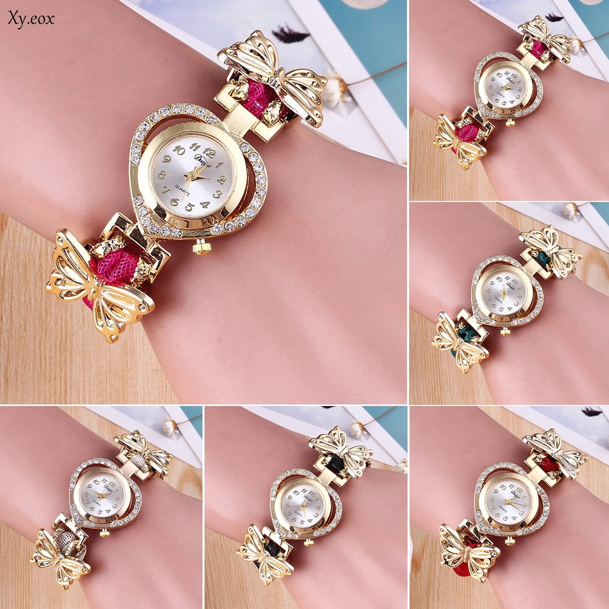 Женские кварцевые наручные часы с кристаллами Стразы браслет бабочкой и сердцем