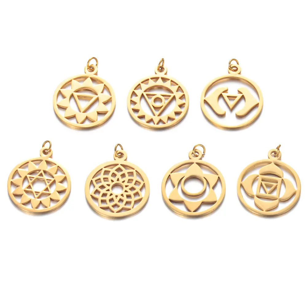 7pcs Titanium Stainless Steel Kundalini Sahasrara Crown Throat Solar Plexus Anja Third Eye Heart Sacral Root Yoga Chakra Pendant