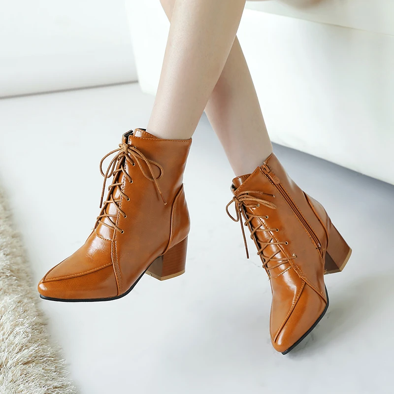 

Pointed Toe Women's Boots yellow Plush Ankle Keep Warm Winter Boots For Women Autumn High Heel Metal Zipper Leather Boots Women