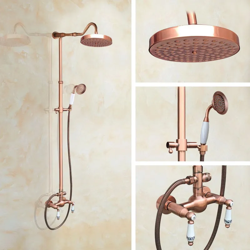 

Red Antique Copper Wall Mount Bathroom Rain Shower Head Handshower Head Rainfall Shower Faucet Set Dual Handle Mixer Tap arg624