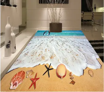 

3D Floor Non-slip Waterproof Self-adhesive PVC Wallpaper Beach Wave Starfish Floor Painting Modern Custom 3D Floor Mural