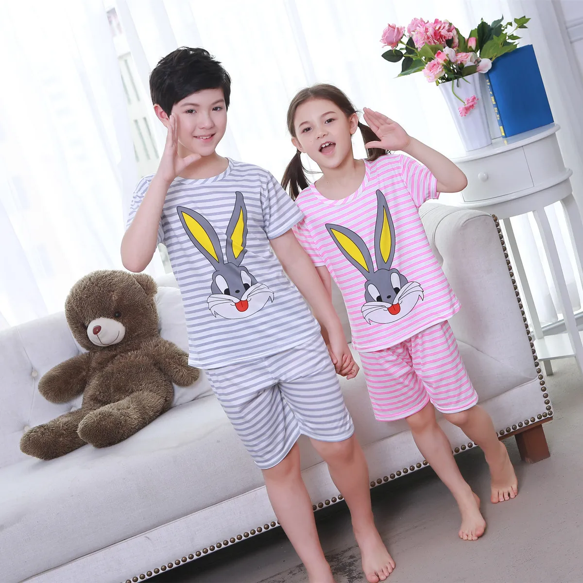 

2019 autumn boys long sleeve casual pajamas set round neck cartoon spring cute print homewear suit unisex sleepwear