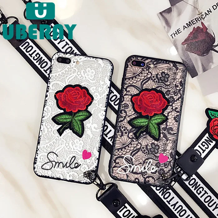 

MYSUN LACE Case For iphone X Sexy Rose Phone case Hand Rope Cover For iphone 7 8plus Hard PC Back Soft TPU Bumper For iphone 6s