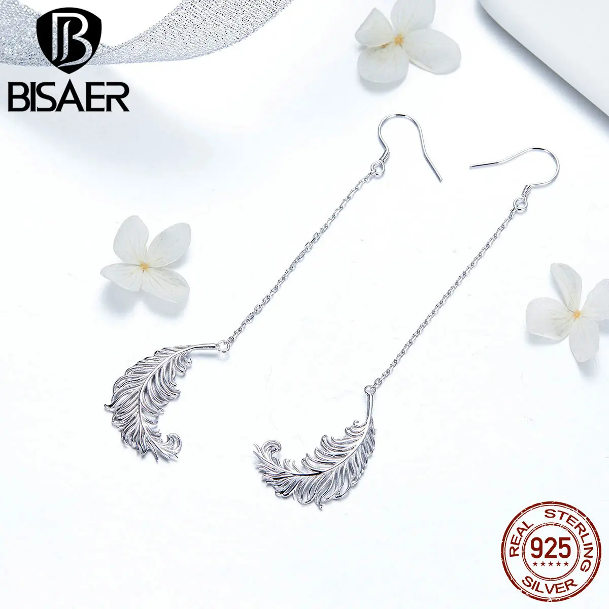 

BISAER Authentic 925 Sterling Silver Vintage Feather Long Chain Stud Earrings for Women Vintage Sterling Silver Jewelry ECE572