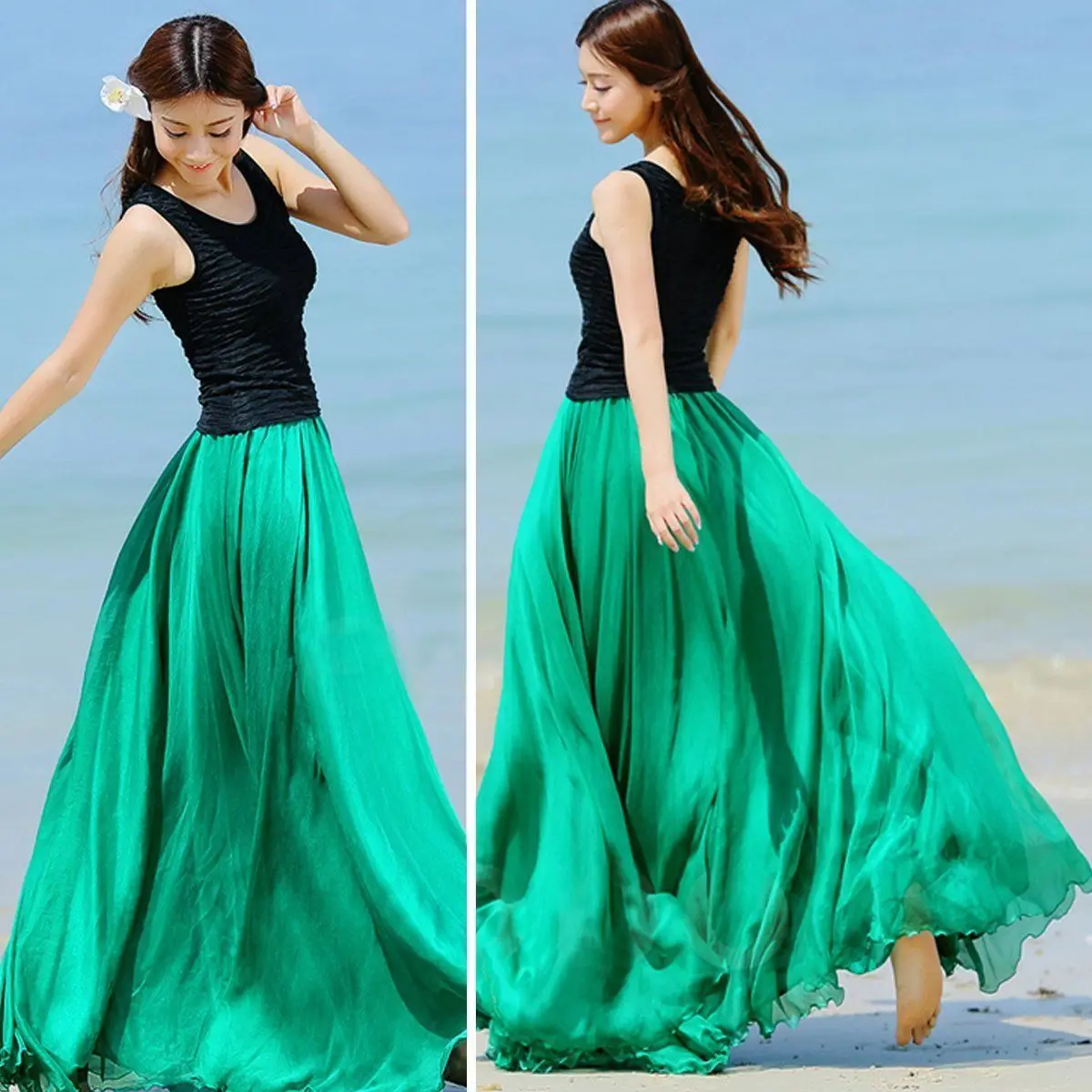 Модные женские повседневные оборки, Двухслойное шифоновое Плиссированное Длинное Макси для женщин, с эластичным поясом, юбка