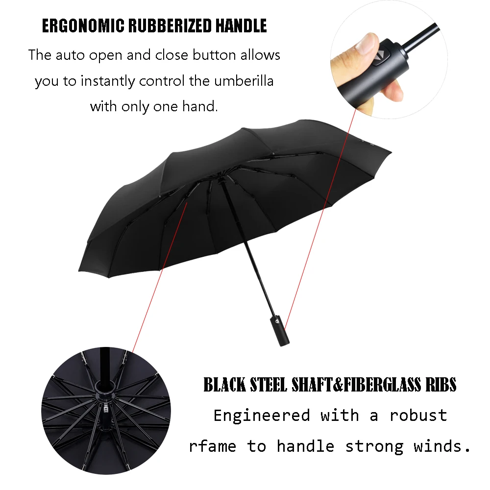Сильный ветростойкий складной автоматический зонт для мужчин и женщин, дождь 12 ребер, большие зонты, деловой портативный зонтик с длинной ручкой