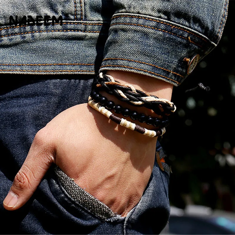 

NADEEM Men's Multilayer Wood Bead Leather Bracelet Jewelry Vintage 3 Pieces/Set Handmade Punk Style Elastic Bracelet