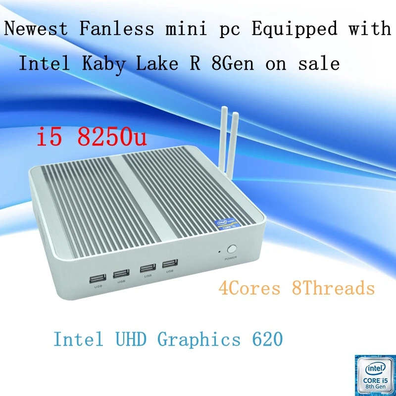 Newest Kaby Lake R 8Gen Fanless mini pc i5 8250u Intel UHD 620 win10 Quad Core 8 Threads DDR4 2133 2400 NUC Freeshipping pc