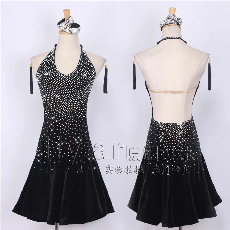 sexy Latin dance costumes performance dresses Black velvet rhinestone