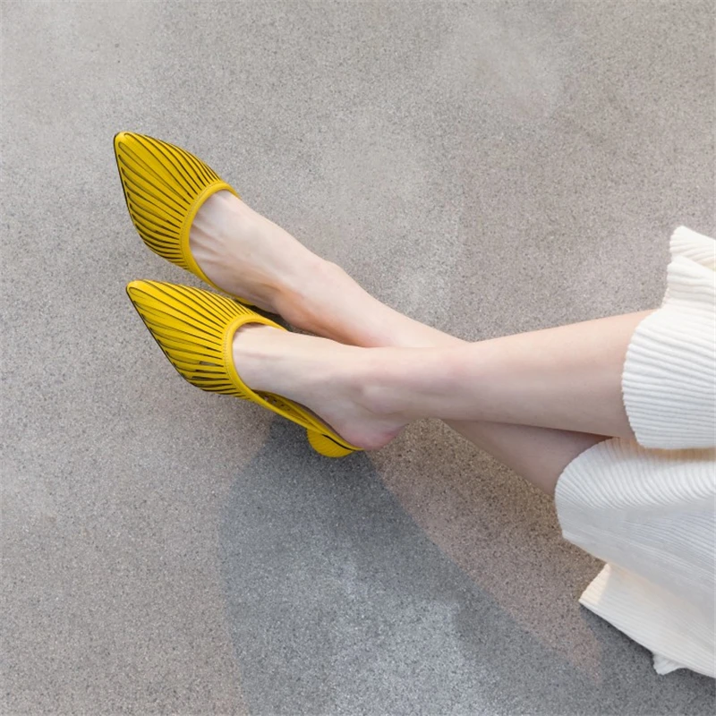 Ouqinvshen Hollow Cow Leather Women Shoes 2019 Plus Size Sexy Strange Style Yellow Women Mules Pointed Toe Women Summer Slippers Ouqinvshen Hollow Cow Leather Women Shoes 2019 Plus Size Sexy Strange Style Yellow Women Mules Pointed Toe Women Summer Slippers