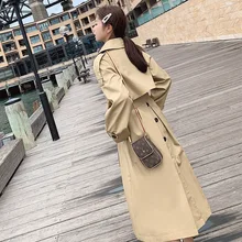 2019 Khaki Long Trench Coat For Women Double-breasted Long Sleeve Belt Coat Trench Women Overcoat Casual Loose Trench Streetwear khaki trench coat with self tie belt